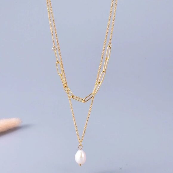 Brand New Rose Gold Double Chain Fresh Water Pearl Adjustable Necklace 18 -24 in - Picture 4 of 6